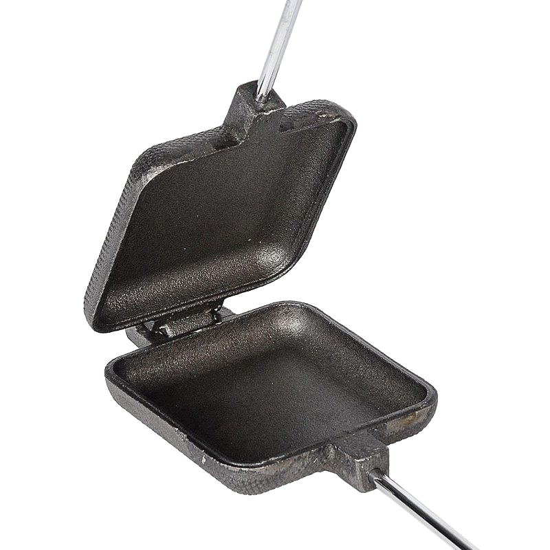 Open cast iron square pie iron with long metal handles and wooden grips, crafted for camping and outdoor cooking, featured in Farm, Garden & Tool, Camping, Best Sellers, and Promo Eligible collections.