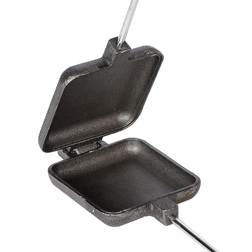 Open cast iron square pie iron with long metal handles and wooden grips, crafted for camping and outdoor cooking, featured in Farm, Garden & Tool, Camping, Best Sellers, and Promo Eligible collections.