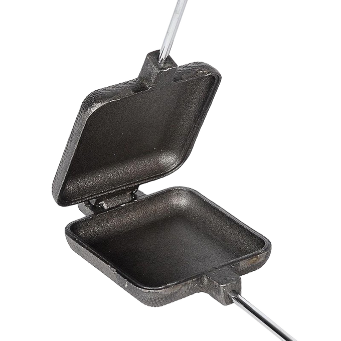 Open cast iron square pie iron with long metal handles and wooden grips, crafted for camping and outdoor cooking, featured in Farm, Garden & Tool, Camping, Best Sellers, and Promo Eligible collections.