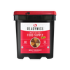Black and red emergency food supply bucket labeled with ReadyWise branding, containing 60 servings of freeze-dried meat and rice, made in USA for long-term pantry storage and emergency preparedness.