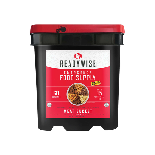Black and red emergency food supply bucket labeled with ReadyWise branding, containing 60 servings of freeze-dried meat and rice, made in USA for long-term pantry storage and emergency preparedness.