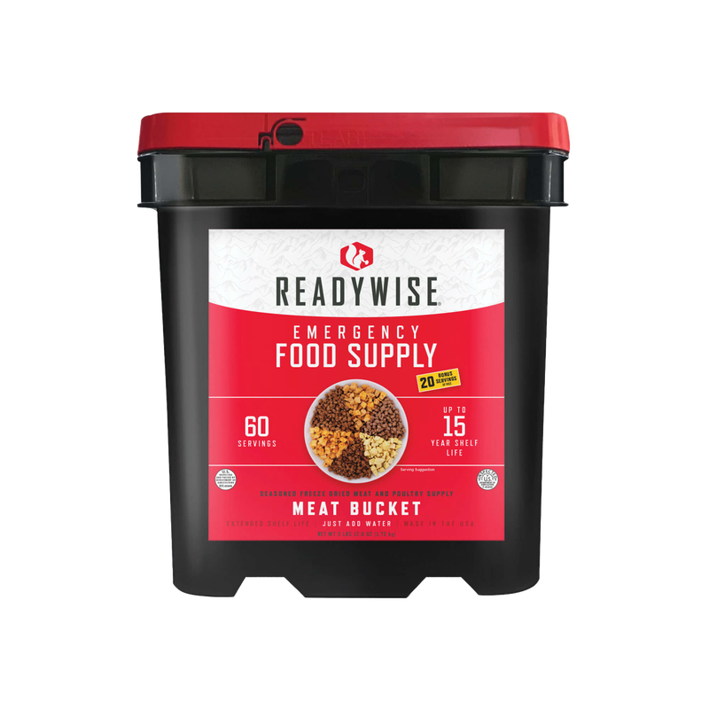 Black and red emergency food supply bucket labeled with ReadyWise branding, containing 60 servings of freeze-dried meat and rice, made in USA for long-term pantry storage and emergency preparedness.