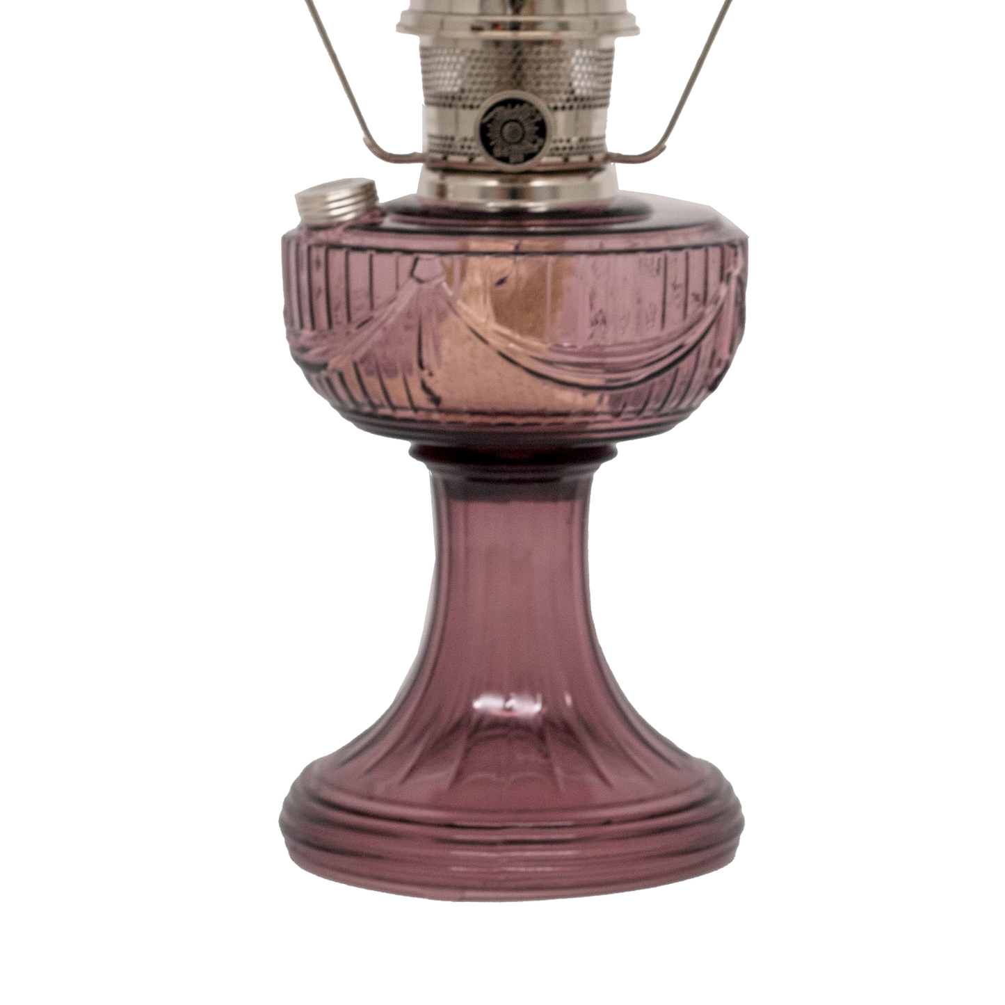 Handcrafted glass oil lamp with a rose-tinted Lincoln Drape pattern font and base, featuring a polished brass burner and clear chimney, perfect for Farm, Garden & Tool, Lamps & Lighting, Oil Lamps, Table Lamps, Best Sellers, Homesteading, and Promo Eligible collections.