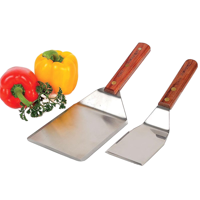 Pair of handcrafted professional kitchen utensils with high-carbon stainless steel blades and wooden handles, accompanied by fresh bell peppers and parsley, ideal for Kitchen & Food, Kitchen Gadgets, Cooking and Baking Helpers, USA Made, Best Sellers, and Promo Eligible collections.