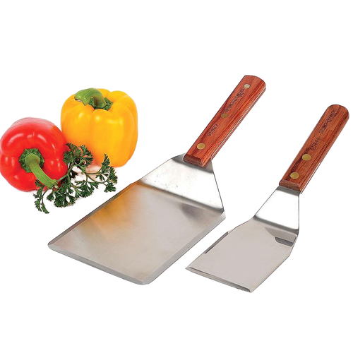 Pair of handcrafted professional kitchen utensils with high-carbon stainless steel blades and wooden handles, accompanied by fresh bell peppers and parsley, ideal for Kitchen & Food, Kitchen Gadgets, Cooking and Baking Helpers, USA Made, Best Sellers, and Promo Eligible collections.