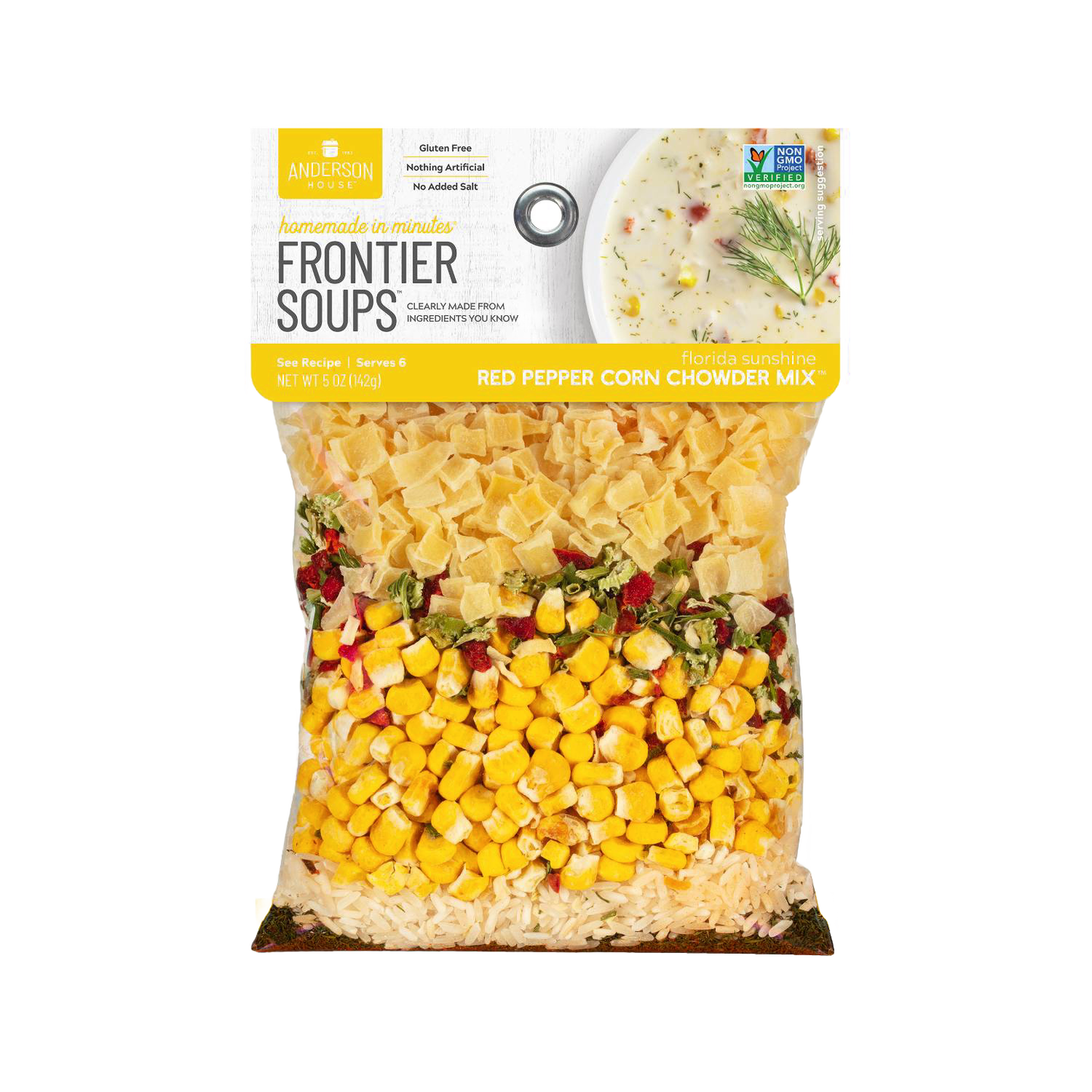 Clear package of handcrafted gluten-free red pepper corn chowder soup mix featuring natural dried corn, red peppers, herbs, and pasta; included in Kitchen & Food, Pantry, Dry Goods and Mixes, Soups, Best Sellers, Promo Eligible collections.
