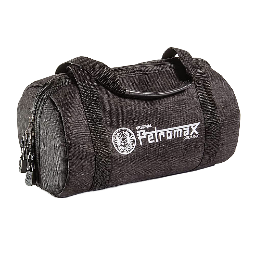 Compact black ripstop fabric transport bag with sturdy handles and zipper closure, designed for safely carrying cookware, featured in Kitchen & Food, Cast Iron, and Best Sellers collections.