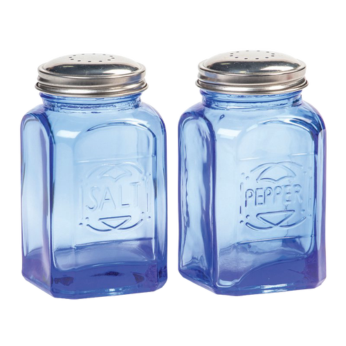 Set of two retro-inspired blue glass shakers with stainless steel lids, embossed with salt and pepper labels, ideal for Kitchen & Food, Dinnerware, Best Sellers, and Promo Eligible collections.
