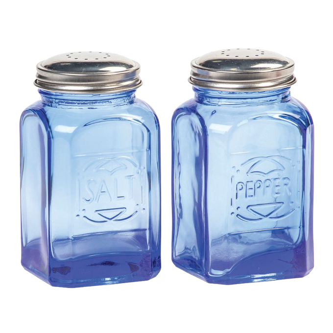 Set of two retro-inspired blue glass shakers with stainless steel lids, embossed with salt and pepper labels, ideal for Kitchen & Food, Dinnerware, Best Sellers, and Promo Eligible collections.