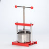 Compact stainless steel and red kitchen press with a threaded crank handle, designed for artisan cheese and fruit pressing, featured in Kitchen & Food and DIY Cheese and Yogurt collections.