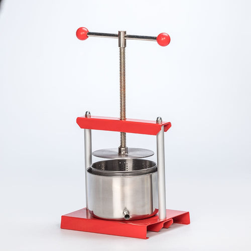 Compact stainless steel and red kitchen press with a threaded crank handle, designed for artisan cheese and fruit pressing, featured in Kitchen & Food and DIY Cheese and Yogurt collections.