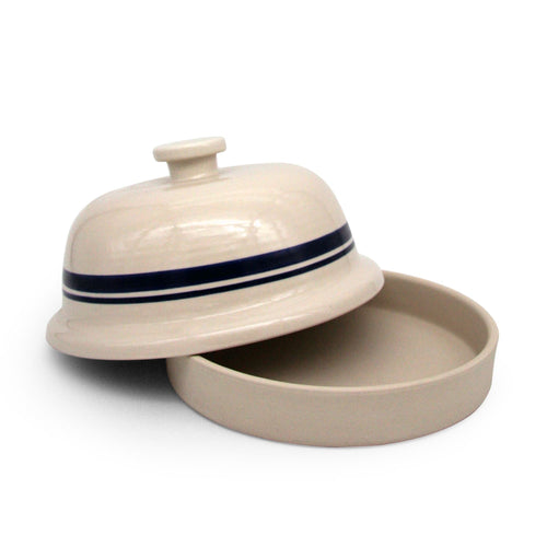 Bell-shaped stoneware bread baker with a blue stripe, handcrafted and made in USA, ideal for Kitchen & Food, Cookware, Baking Supplies, Bread Making Supplies, Best Sellers, and Promo Eligible collections.