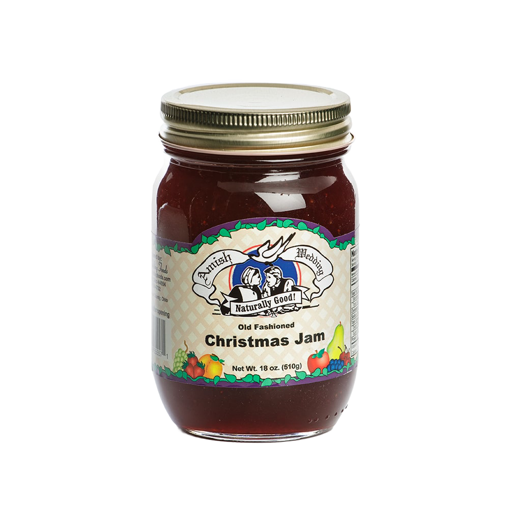 Jar of handcrafted Christmas jam made in USA with a seasonal blend of strawberries and cranberries, featuring an old-fashioned Amish-inspired label, ideal for Pantry and Kitchen & Food collections.