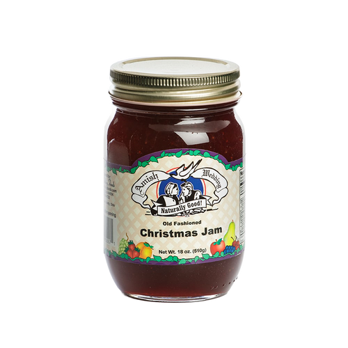 Jar of handcrafted Christmas jam made in USA with a seasonal blend of strawberries and cranberries, featuring an old-fashioned Amish-inspired label, ideal for Pantry and Kitchen & Food collections.