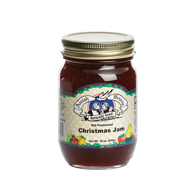 Jar of handcrafted Christmas jam made in USA with a seasonal blend of strawberries and cranberries, featuring an old-fashioned Amish-inspired label, ideal for Pantry and Kitchen & Food collections.