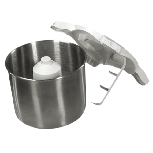 Stainless steel ice cream maker bowl with white plastic mixing paddle and lid attachment, designed for use with Bosch or NutriMill mixers, ideal for Kitchen & Food and Kitchen Gadgets collections.