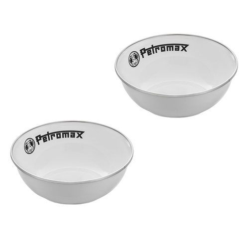 Two white enamel bowls with black rim and Petromax logo, designed for durable, heat- and scratch-resistant outdoor use, ideal for camping and kitchen, featured in Farm, Garden & Tool, Kitchen & Food, Camping, Dinnerware, Best Sellers, and Promo Eligible collections.