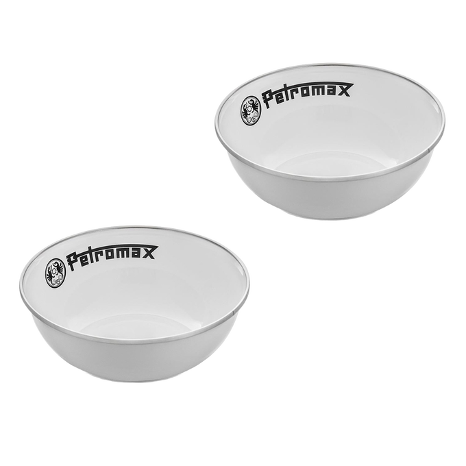 Two white enamel bowls with black rim and Petromax logo, designed for durable, heat- and scratch-resistant outdoor use, ideal for camping and kitchen, featured in Farm, Garden & Tool, Kitchen & Food, Camping, Dinnerware, Best Sellers, and Promo Eligible collections.