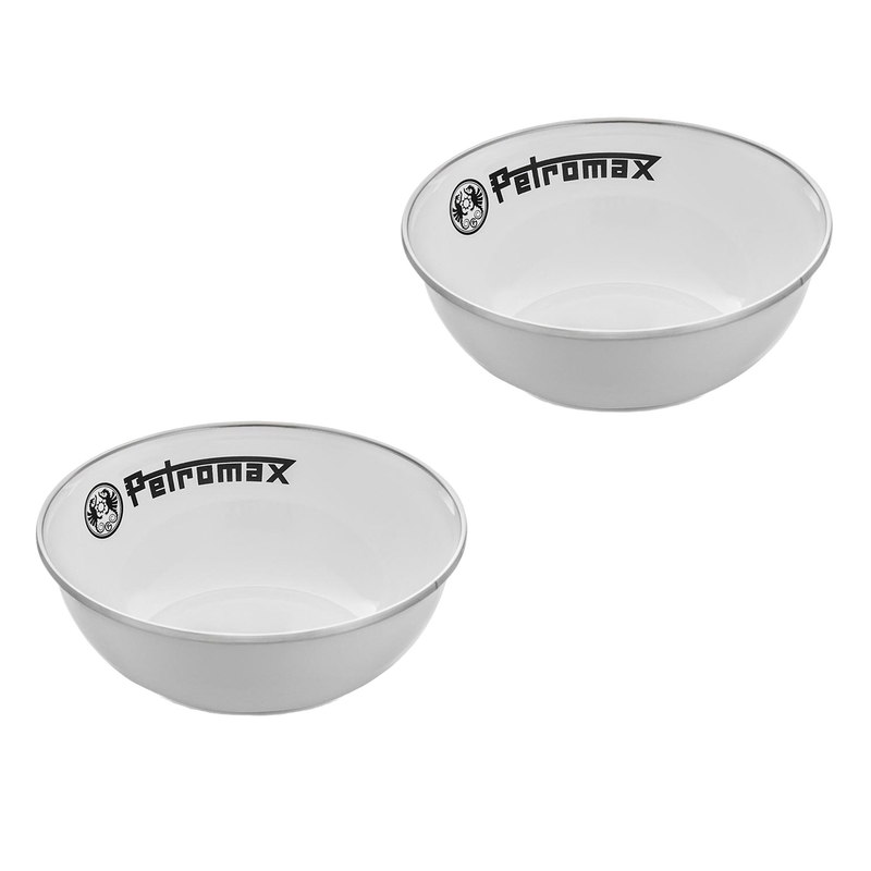 Two white enamel bowls with black rim and Petromax logo, designed for durable, heat- and scratch-resistant outdoor use, ideal for camping and kitchen, featured in Farm, Garden & Tool, Kitchen & Food, Camping, Dinnerware, Best Sellers, and Promo Eligible collections.