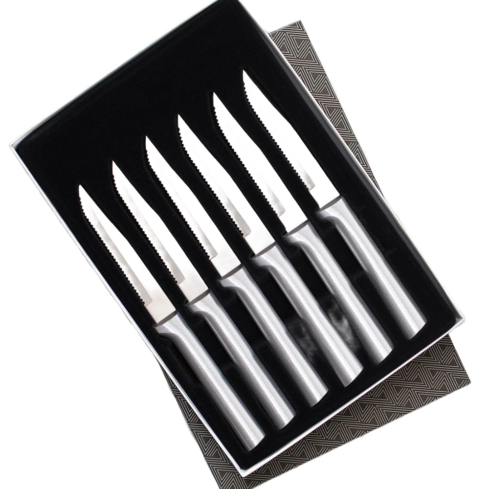 Set of six handcrafted serrated steak knives with sleek stainless steel handles, ideal for food prep and kitchen tool collections including Farm, Garden & Tool and Kitchen Knives.