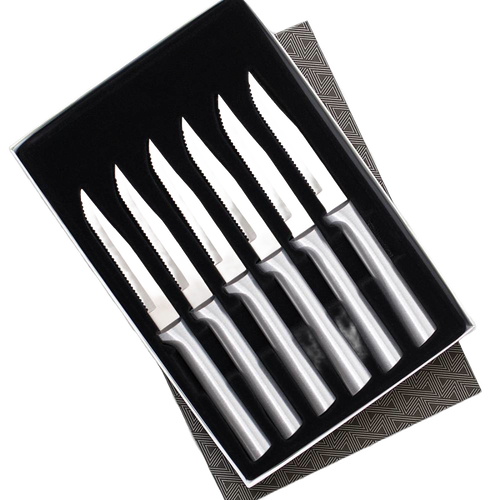 Set of six handcrafted serrated steak knives with sleek stainless steel handles, ideal for food prep and kitchen tool collections including Farm, Garden & Tool and Kitchen Knives.