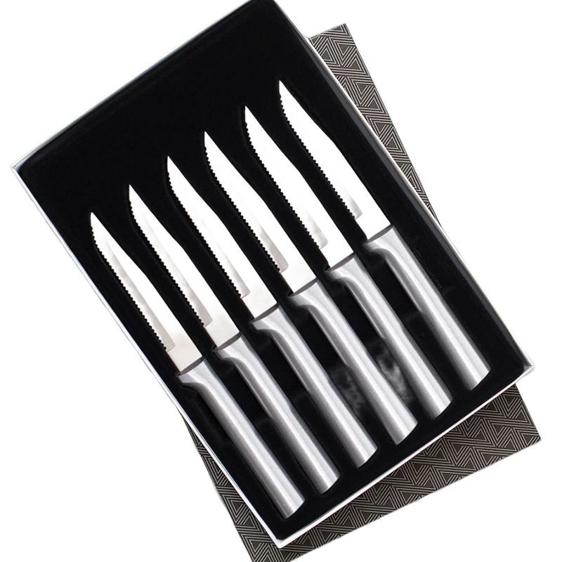Set of six handcrafted serrated steak knives with sleek stainless steel handles, ideal for food prep and kitchen tool collections including Farm, Garden & Tool and Kitchen Knives.