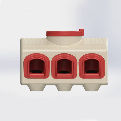 Beige and red gravity-fed chicken feeder with three feeding ports and a top lid, designed to prevent feed waste and keep food dry, ideal for Farm, Garden & Tool and Chicken Accessories collections.