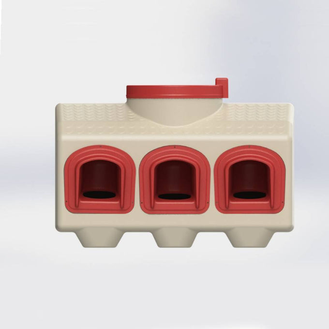 Beige and red gravity-fed chicken feeder with three feeding ports and a top lid, designed to prevent feed waste and keep food dry, ideal for Farm, Garden & Tool and Chicken Accessories collections.