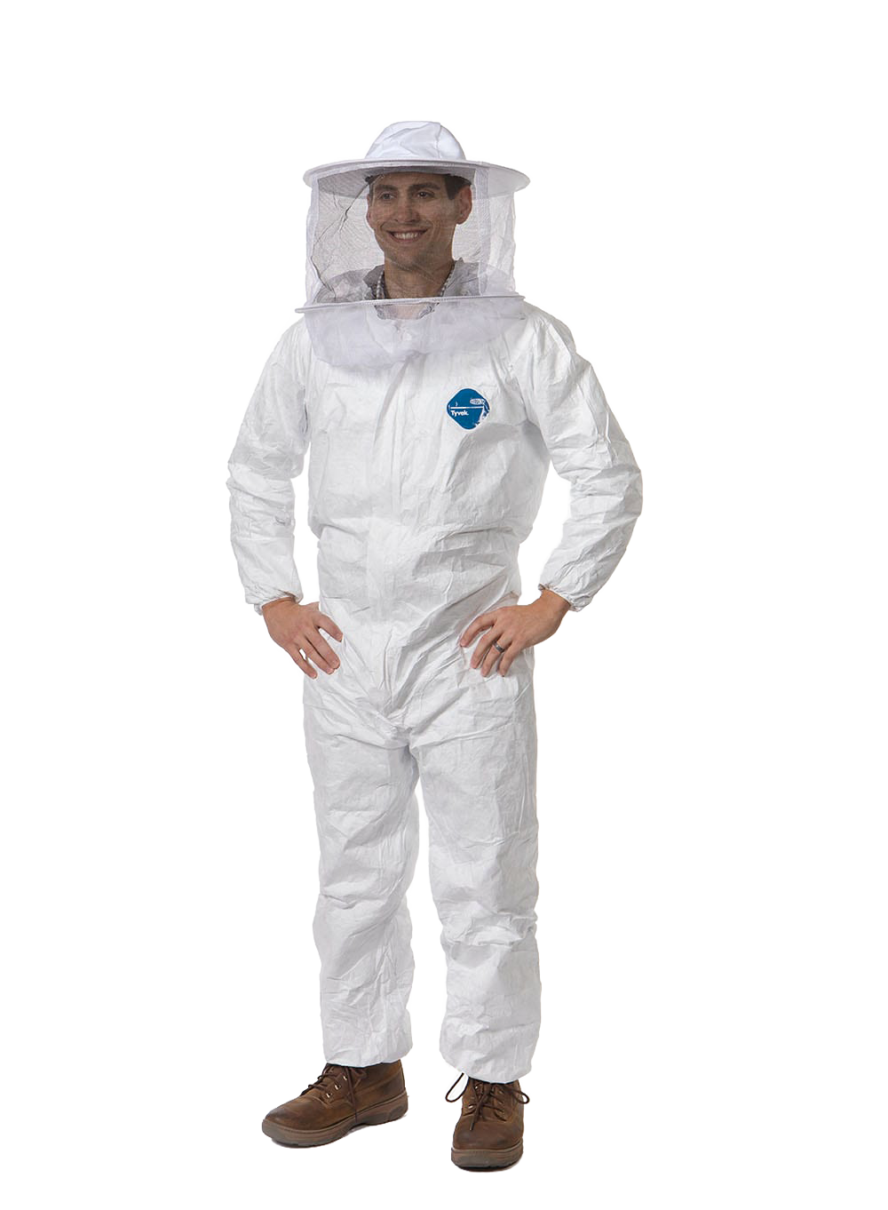 Man wearing water-resistant white Tyvek protective coveralls with elastic cuffs and ankles, paired with a white beekeeping hat and veil, featured in Farm, Garden & Tool and Beekeeping Supplies collections.