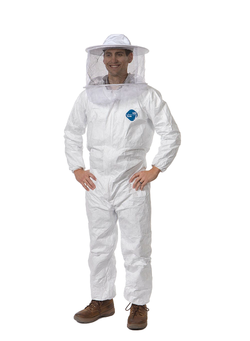 Man wearing water-resistant white Tyvek protective coveralls with elastic cuffs and ankles, paired with a white beekeeping hat and veil, featured in Farm, Garden & Tool and Beekeeping Supplies collections.