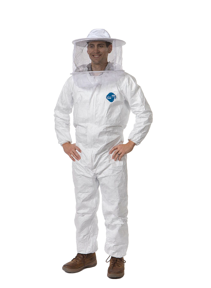 Man wearing water-resistant white Tyvek protective coveralls with elastic cuffs and ankles, paired with a white beekeeping hat and veil, featured in Farm, Garden & Tool and Beekeeping Supplies collections.