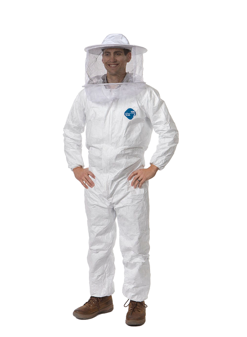 Man wearing water-resistant white Tyvek protective coveralls with elastic cuffs and ankles, paired with a white beekeeping hat and veil, featured in Farm, Garden & Tool and Beekeeping Supplies collections.