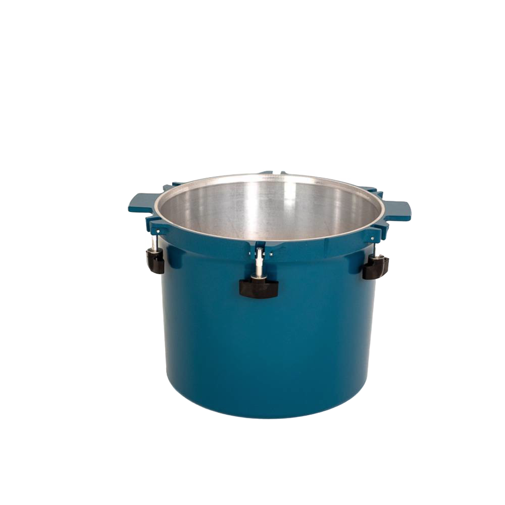 Blue 21.5-quart pressure canner pot with sturdy handles and secure metal locking clamps, designed for reliable food preservation in Kitchen & Food, Canning, and USA Made collections.