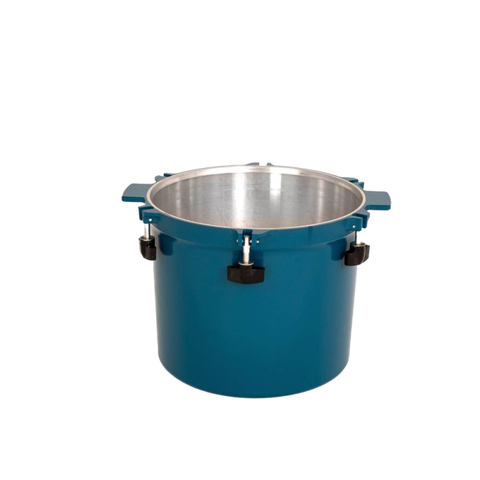 Blue 21.5-quart pressure canner pot with sturdy handles and secure metal locking clamps, designed for reliable food preservation in Kitchen & Food, Canning, and USA Made collections.