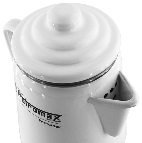 White enameled steel percolator with lid and spout, featuring the Petromax logo, designed for brewing coffee or tea, ideal for Farm, Garden & Tool, Camping, Kitchen & Food, Brewing Coffee and Tea, Best Sellers, and Promo Eligible collections.
