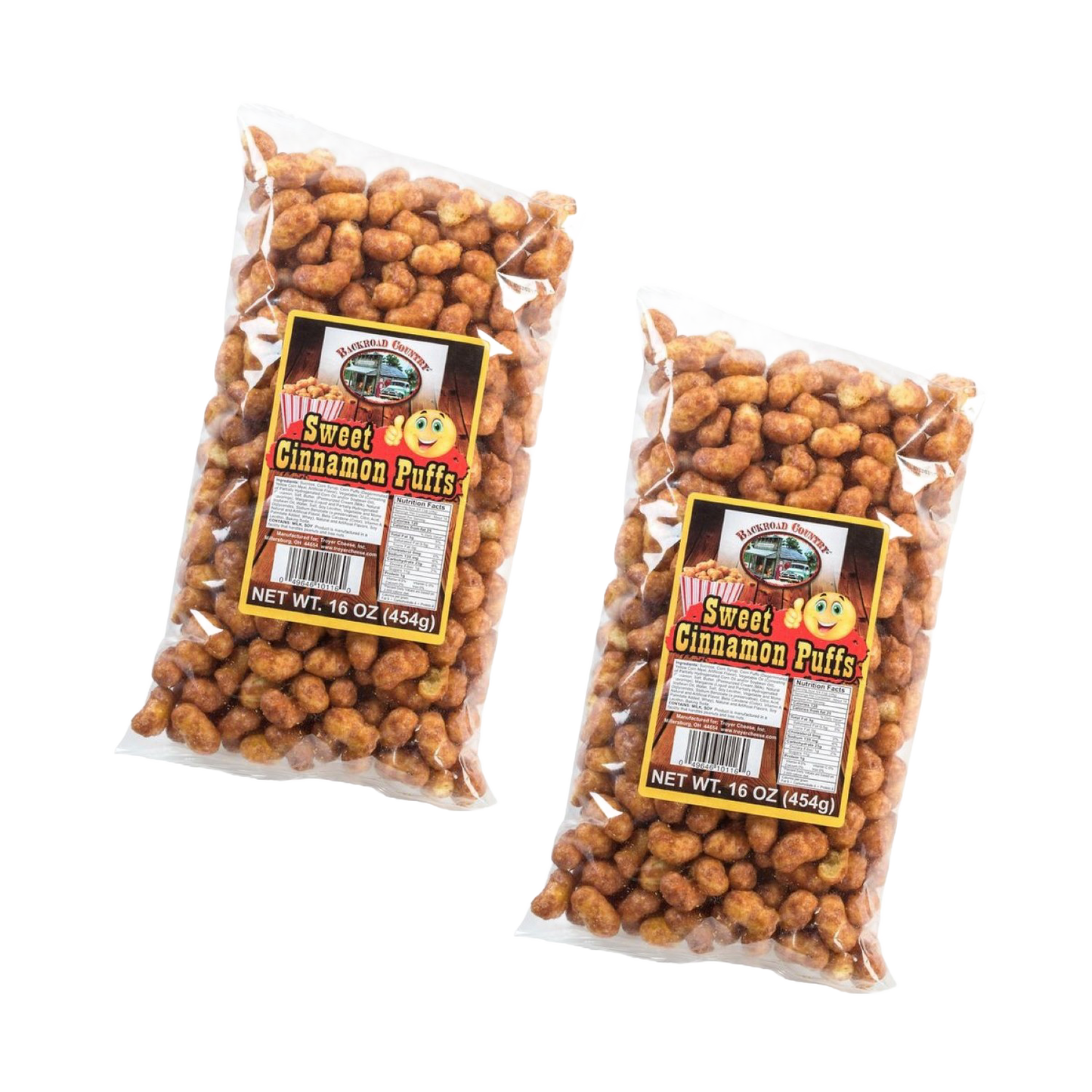 Two clear bags of handcrafted sweet cinnamon puffs, each weighing 16 ounces, made in USA, featured in Kitchen & Food, Food, Snacks and Sweets, USA Made, Best Sellers, and Promo Eligible collections.