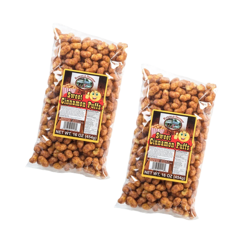 Two clear bags of handcrafted sweet cinnamon puffs, each weighing 16 ounces, made in USA, featured in Kitchen & Food, Food, Snacks and Sweets, USA Made, Best Sellers, and Promo Eligible collections.