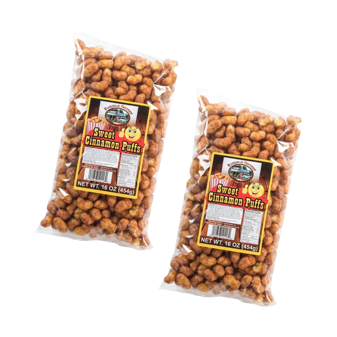 Two clear bags of handcrafted sweet cinnamon puffs, each weighing 16 ounces, made in USA, featured in Kitchen & Food, Food, Snacks and Sweets, USA Made, Best Sellers, and Promo Eligible collections.