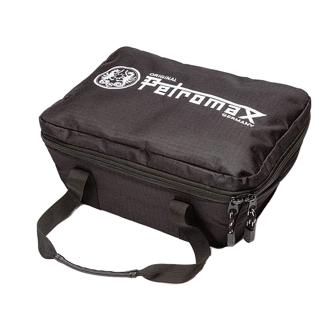 Black durable transport bag with zippered closure and handles, designed for safely carrying a loaf pan, ideal for camping, farm, garden, and bread making supplies.