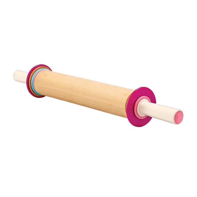 Beechwood rolling pin with removable colored discs for adjustable thickness, featuring durable handles, designed for kitchen gadgets, baking supplies, and cookware collections.