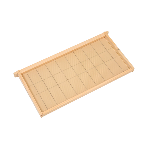 Handcrafted deep wooden bee frame with wired natural beeswax foundation, Amish made in USA, suitable for 5-, 8-, and 10-frame hives in beekeeping and farm collections.