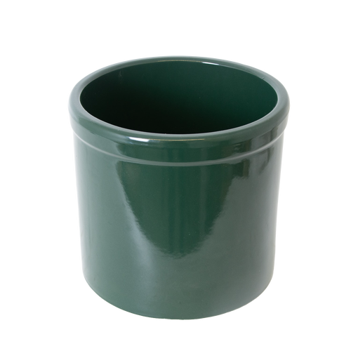 Deep green stoneware crock with a smooth, lead-free food-safe glaze, handcrafted in USA for kitchen use, fermenting, and food preservation, featured in Kitchen & Food, Food Preservation, and USA Made collections.
