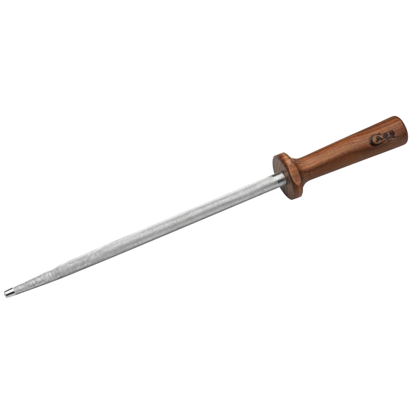 Steel sharpening rod with a smooth wooden handle featuring subtle branding, designed for honing kitchen knives, ideal for Kitchen & Food, Knives & Axes, and USA Made collections.