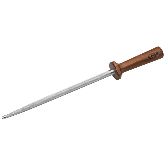 Steel sharpening rod with a smooth wooden handle featuring subtle branding, designed for honing kitchen knives, ideal for Kitchen & Food, Knives & Axes, and USA Made collections.