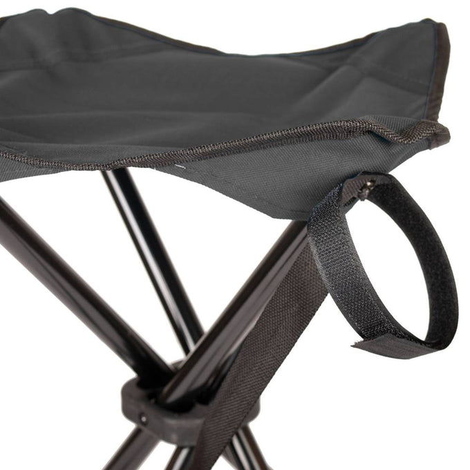 Lightweight black four-legged folding camping stool with durable fabric seat and metal frame, featuring a carry strap, perfect for outdoor use in Farm, Garden & Tool, Camping, and Best Sellers collections.