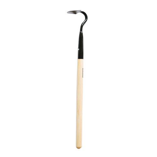 Handcrafted cultivating tool with a natural wooden handle and black curved metal head, designed for precise digging and weeding in farm, garden, and digging collections.