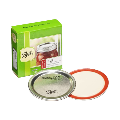 Box of twelve regular size canning lids with metal top and red sealing ring, BPA-free and made in USA, suitable for kitchen, food preservation, and canning collections.