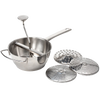 Handcrafted stainless steel food mill with a long handle, turning crank, and four interchangeable discs for versatile food preparation, ideal for Farm, Garden & Tool and Kitchen & Food collections.