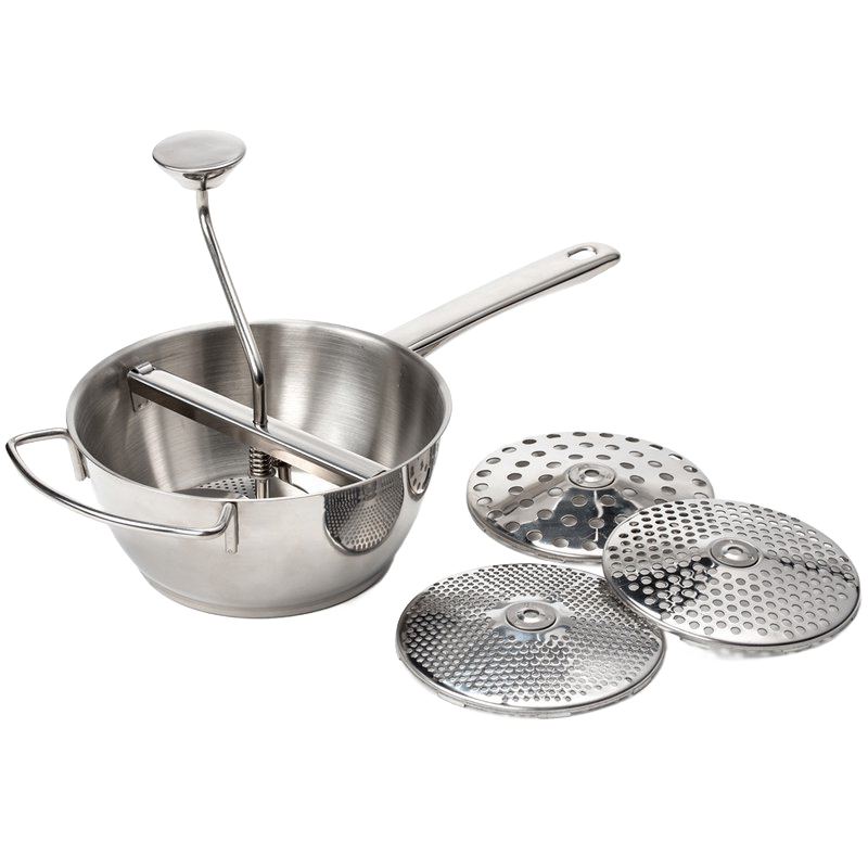 Handcrafted stainless steel food mill with a long handle, turning crank, and four interchangeable discs for versatile food preparation, ideal for Farm, Garden & Tool and Kitchen & Food collections.
