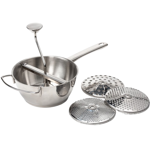 Handcrafted stainless steel food mill with a long handle, turning crank, and four interchangeable discs for versatile food preparation, ideal for Farm, Garden & Tool and Kitchen & Food collections.